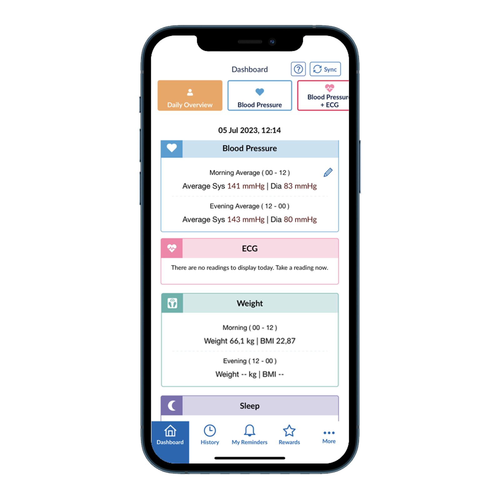 Screenshot of OMRON connect app - Dashboard
