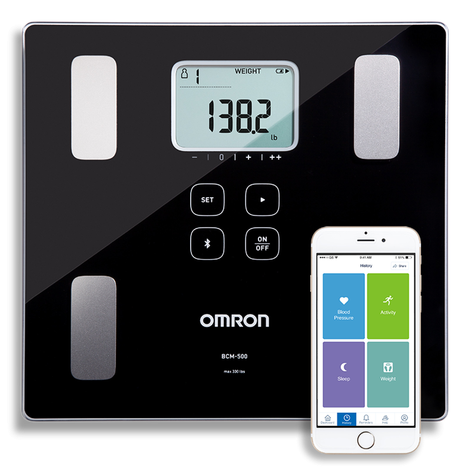 OMRON BCM-500 Body Composition and Scale - hero with phone | OMRON